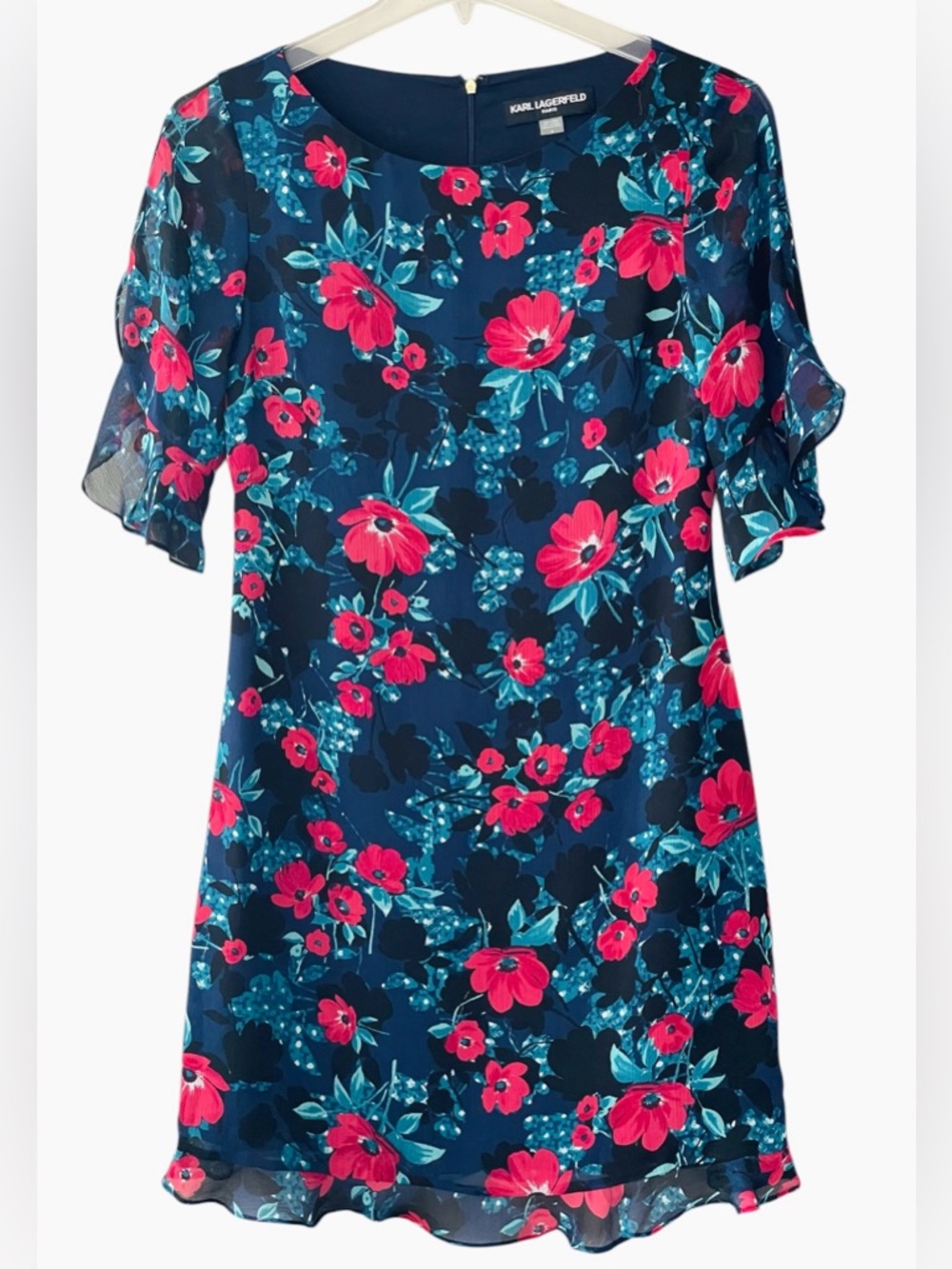 Karl Lagerfeld Paris Dress Size 6 Navy Floral Chiffon Ruffle Flutter Sleeves